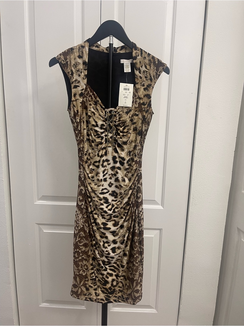 Cache Leopard-Print Midi Dress in Brown and Cream
